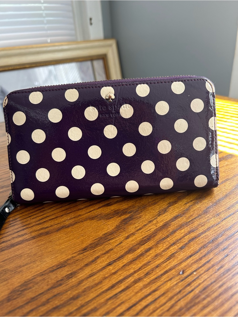 kate spade Patent Polka Dot Zip Wallet in Purple and Cream